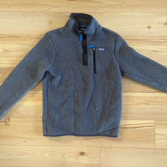 RETIRED Patagonia Kids Retro Pile Fleece 1/4-Zip pullover grey blue 12 Large